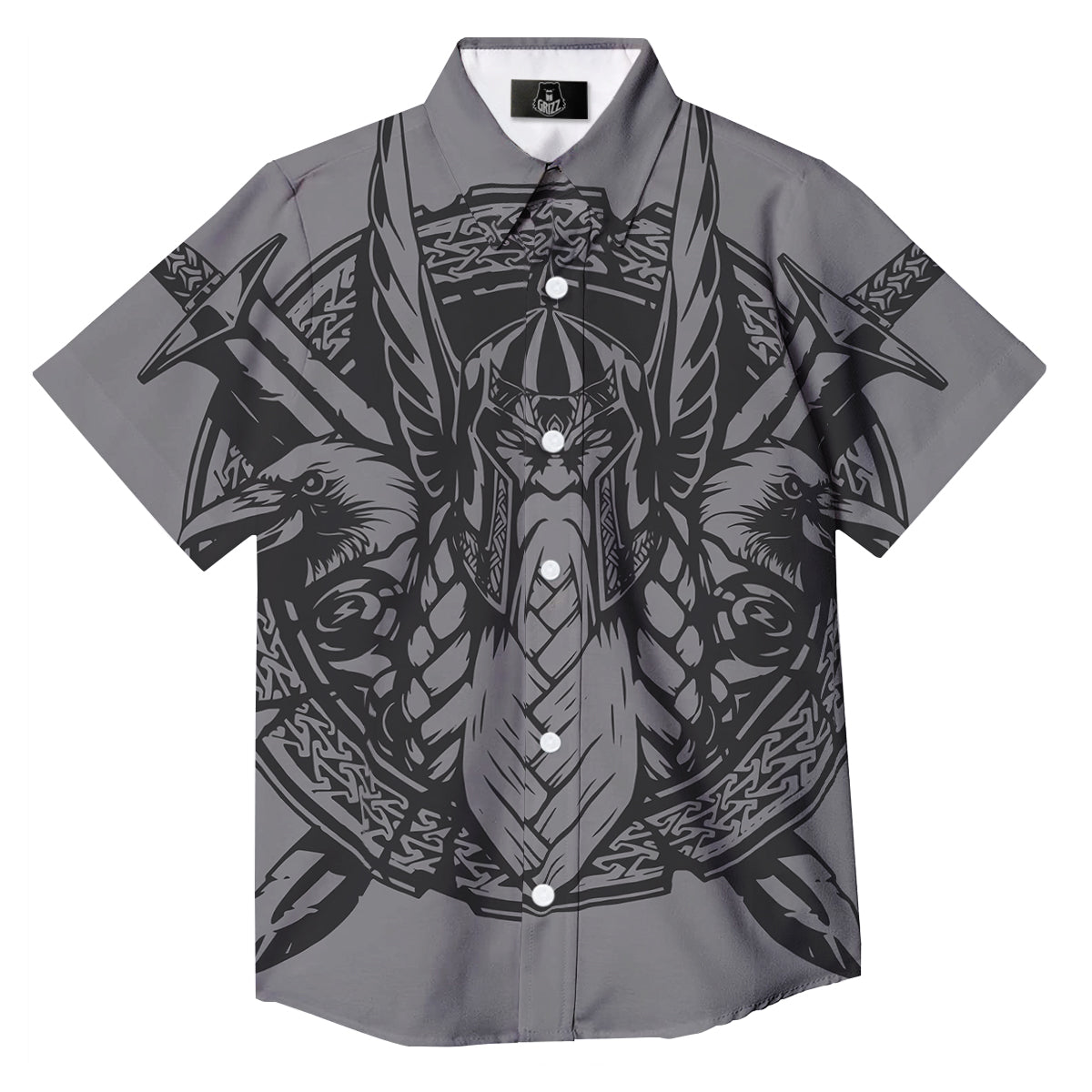 God Odin Grey Color Print Button Up Shirt-grizzshop