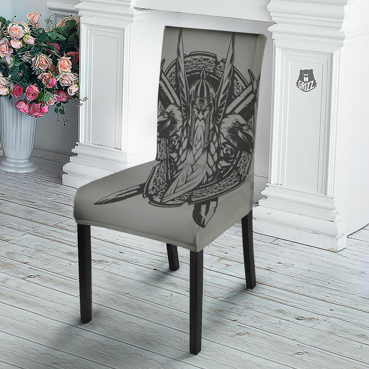 God Odin Grey Color Print Dining Chair Slipcover-grizzshop