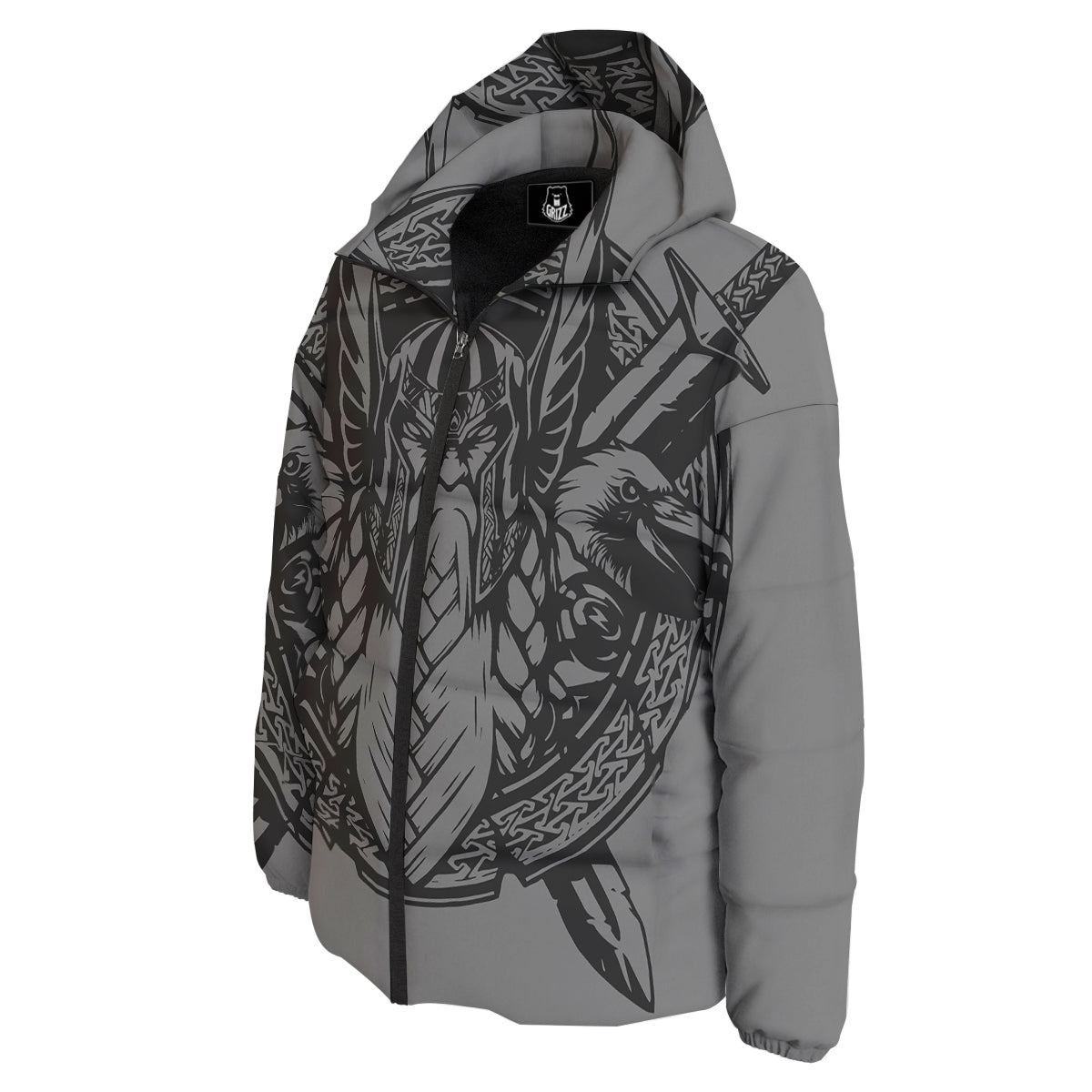 God Odin Grey Color Print Down Jacket-grizzshop