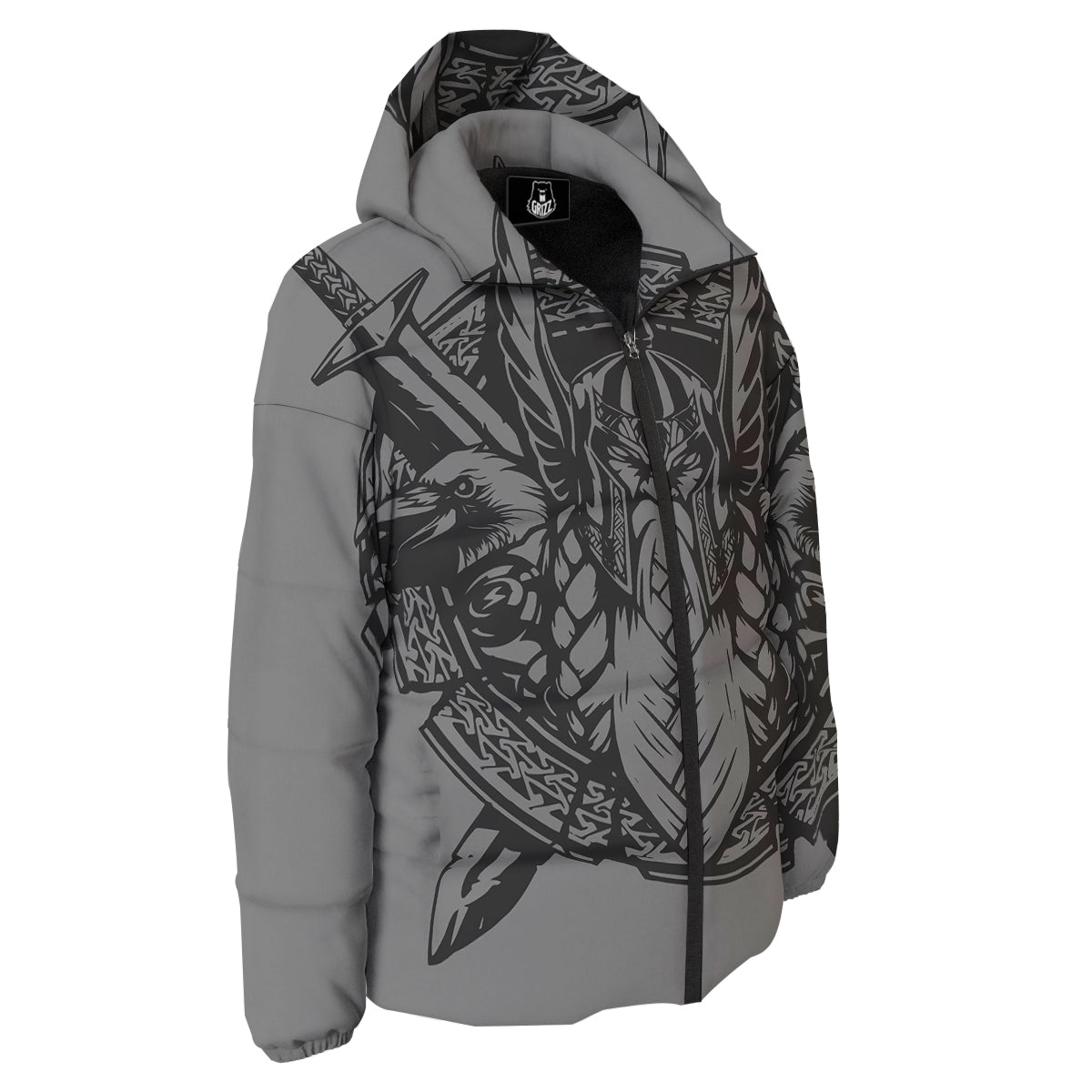 God Odin Grey Color Print Down Jacket-grizzshop