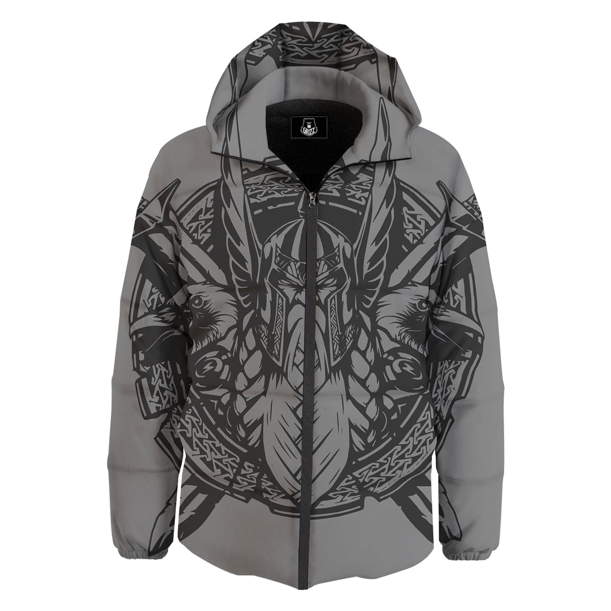 God Odin Grey Color Print Down Jacket-grizzshop