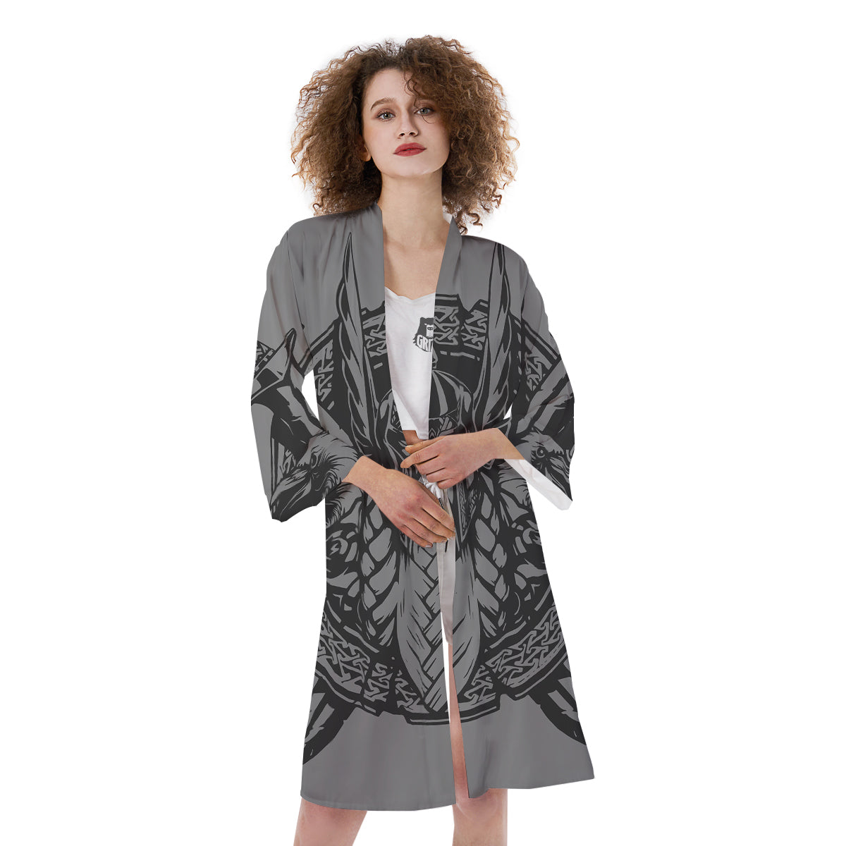 God Odin Grey Color Print Kimono-grizzshop