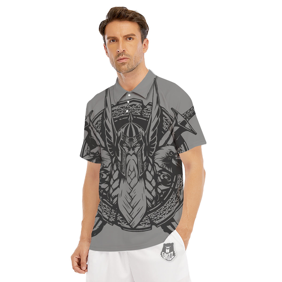 God Odin Grey Color Print Men's Golf Shirts-grizzshop