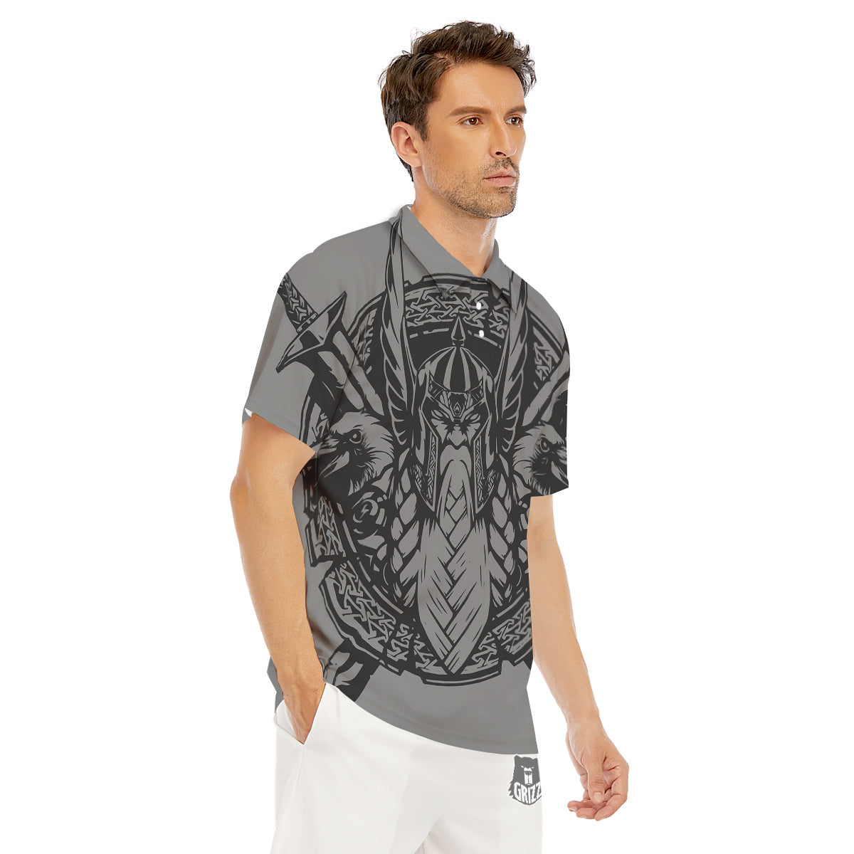 God Odin Grey Color Print Men's Golf Shirts-grizzshop