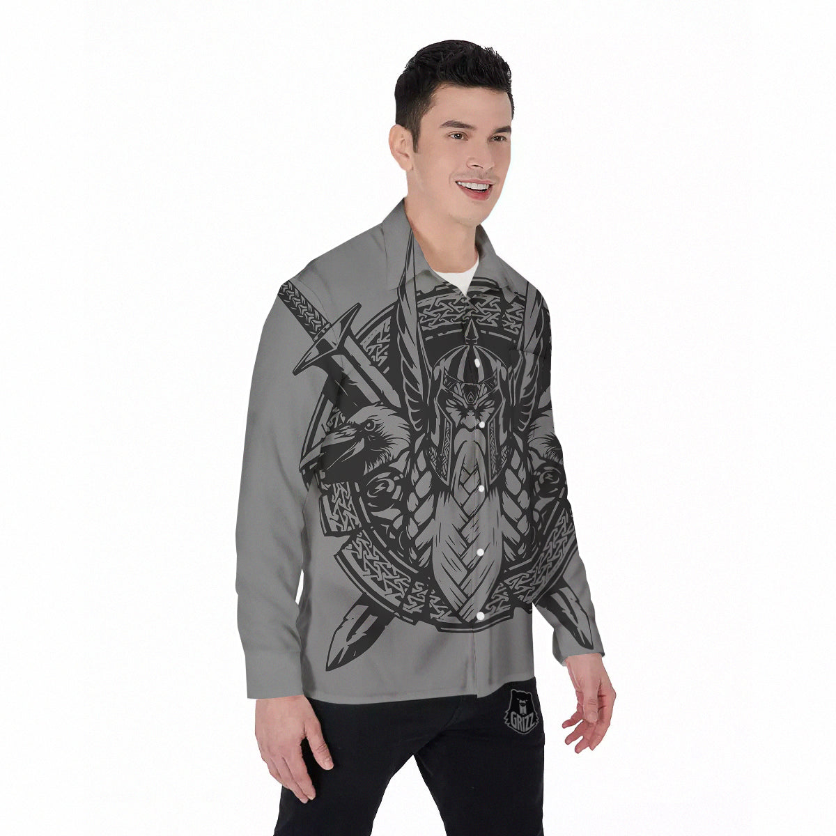 God Odin Grey Color Print Men's Long Sleeve Shirts-grizzshop