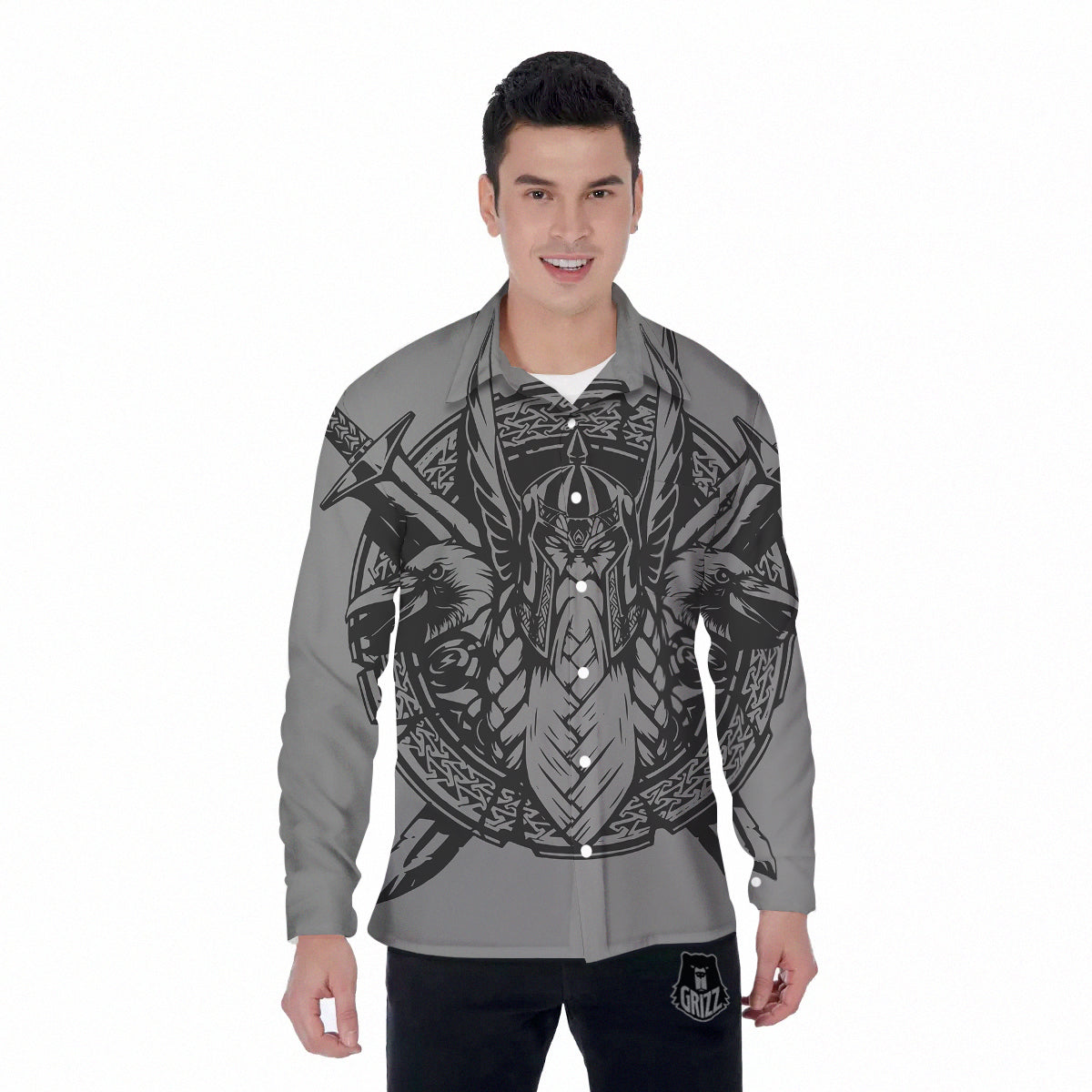 God Odin Grey Color Print Men's Long Sleeve Shirts-grizzshop