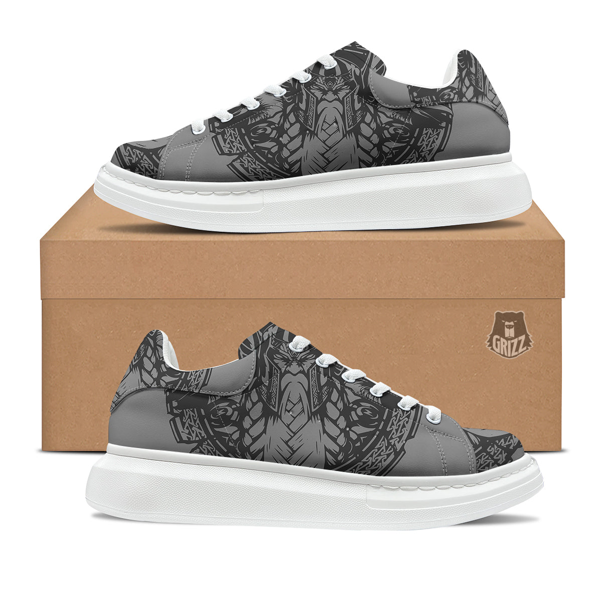 God Odin Grey Color Print Platform Shoes-grizzshop