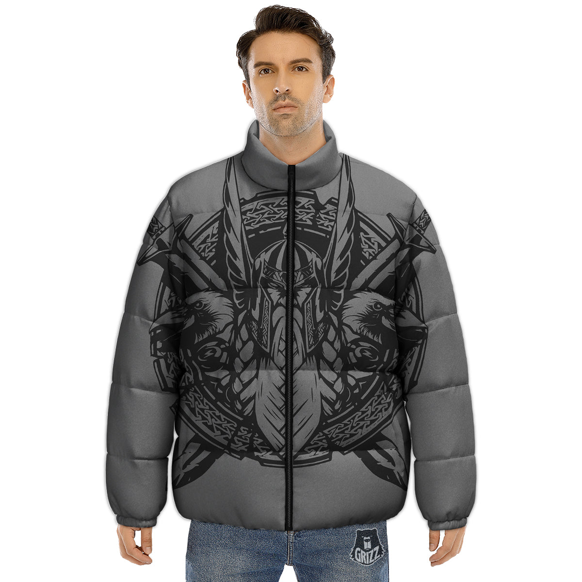 God Odin Grey Color Print Puffer Jacket-grizzshop