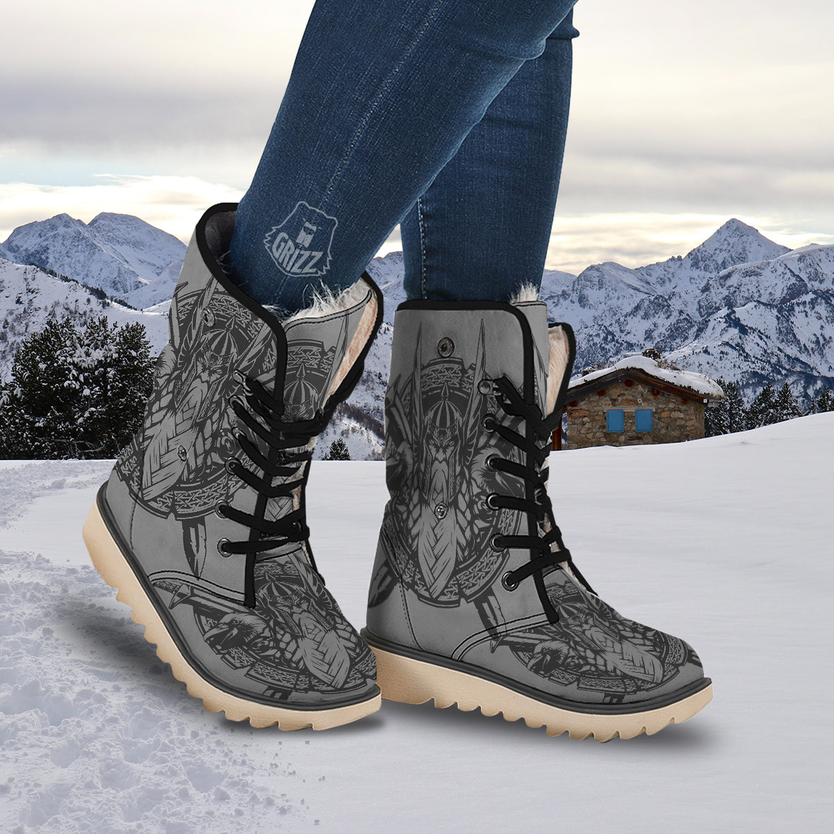 God Odin Grey Color Print Snow Boots-grizzshop