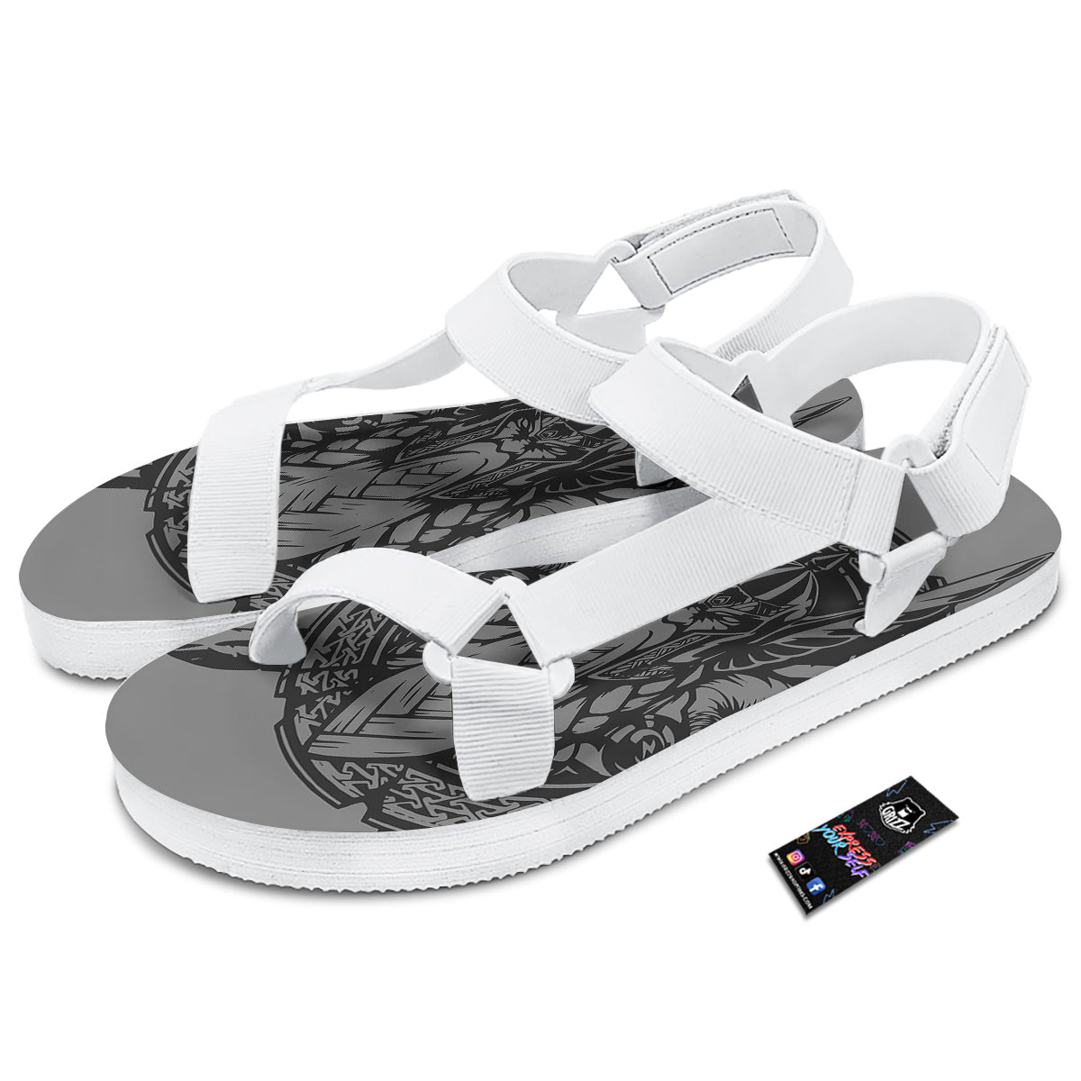 God Odin Grey Color Print White Open Toe Sandals-grizzshop