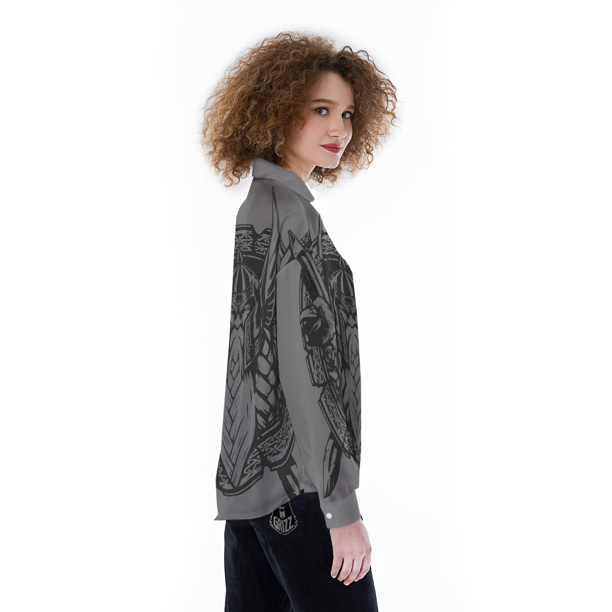 God Odin Grey Color Print Women's Long Sleeve Shirts-grizzshop