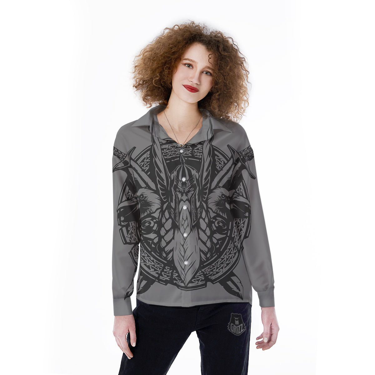 God Odin Grey Color Print Women's Long Sleeve Shirts-grizzshop