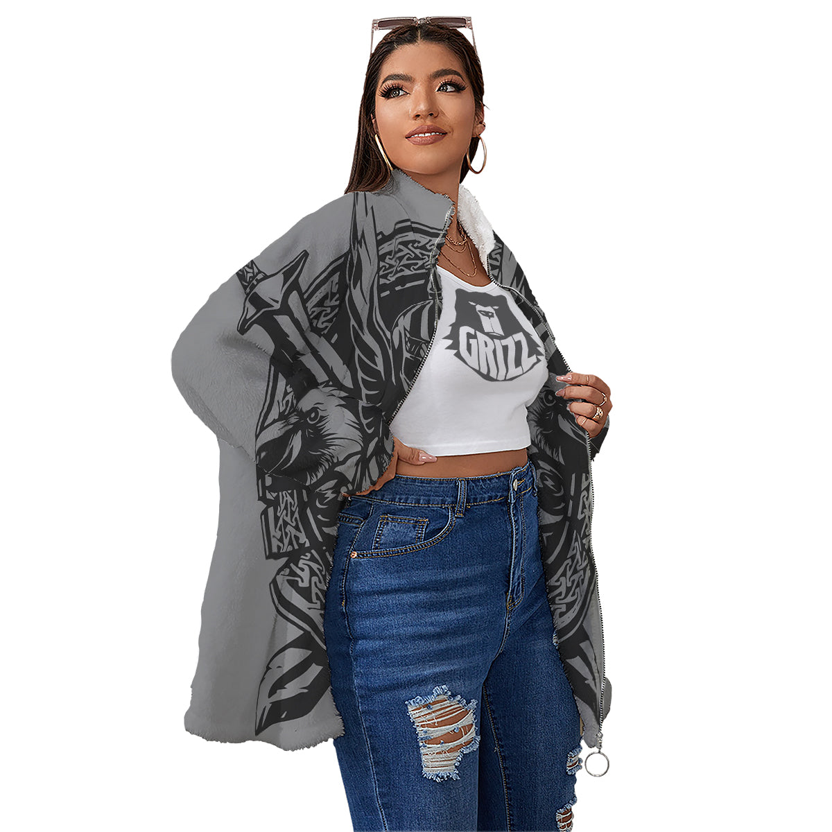 God Odin Grey Color Print Women's Sherpa Jacket-grizzshop