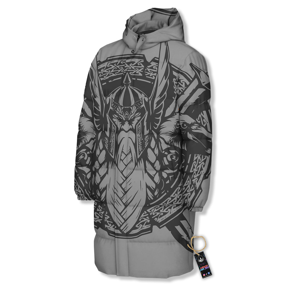 God Odin Grey Color Print Long Down Jacket