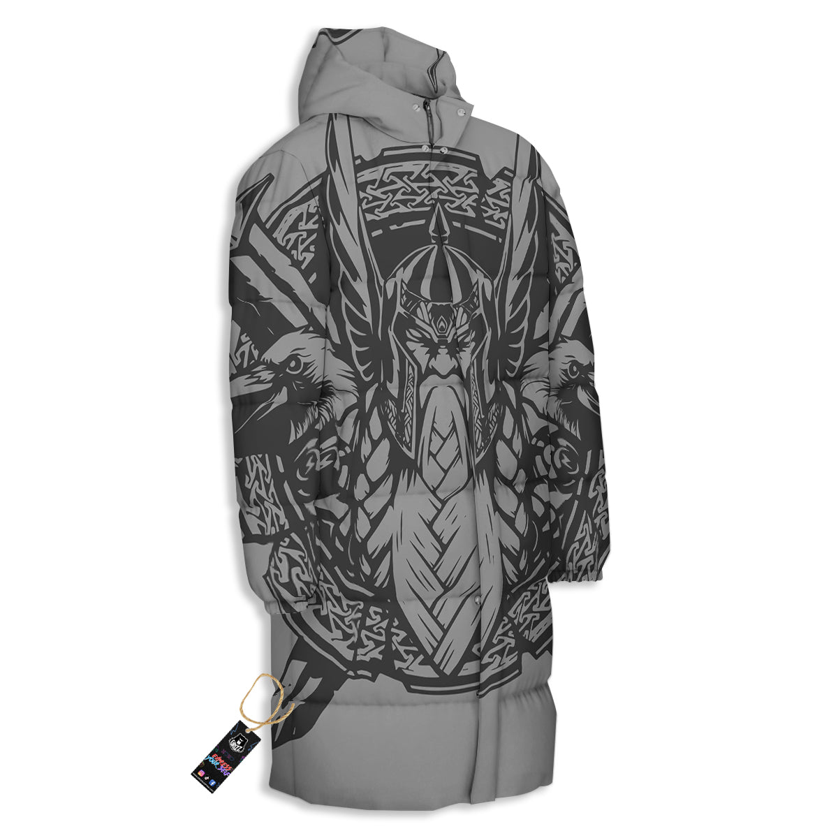 God Odin Grey Color Print Long Down Jacket