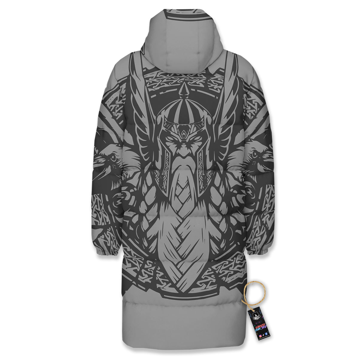 God Odin Grey Color Print Long Down Jacket