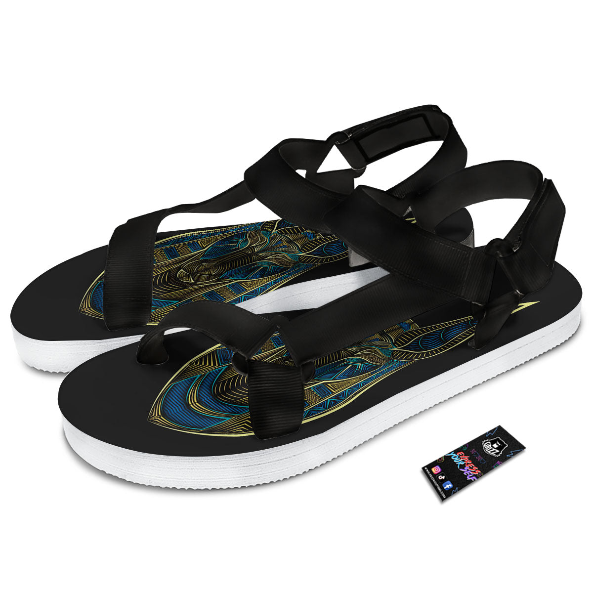 Gods Ancient Egyptian Print Black Open Toe Sandals-grizzshop