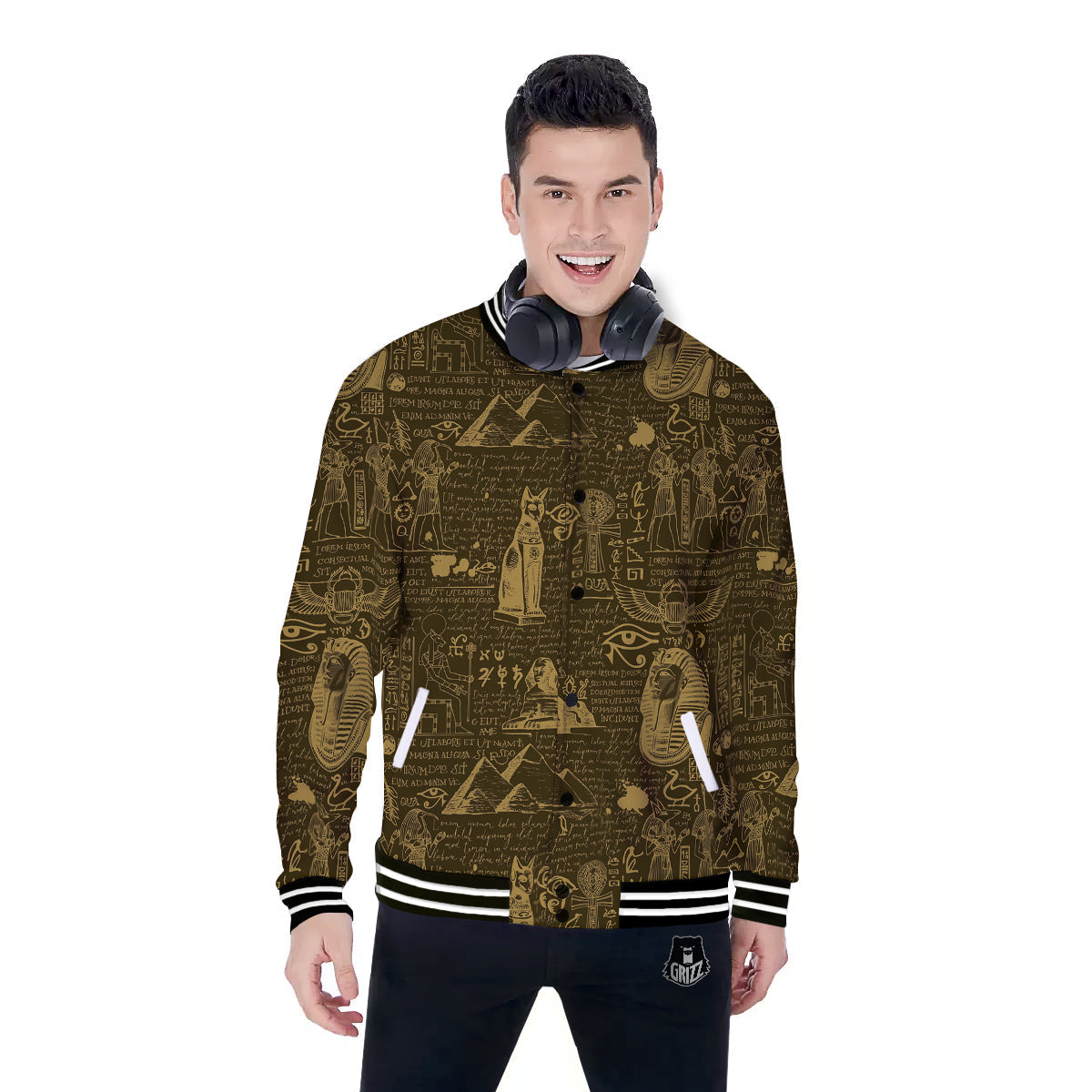 Gold Ancient Egypt Print Pattern Baseball Jacket-grizzshop