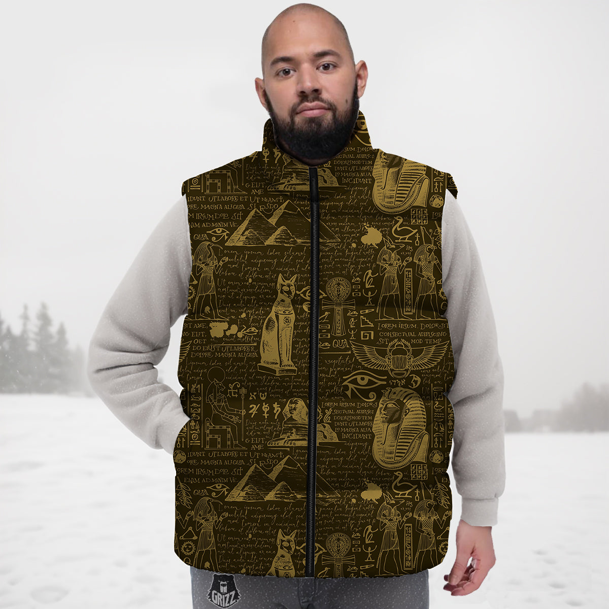 Gold Ancient Egypt Print Pattern Down Vest