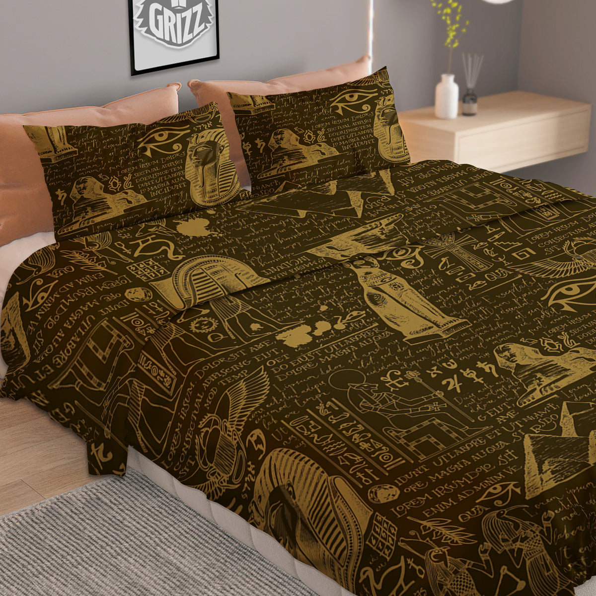 Gold Ancient Egypt Print Pattern Duvet Cover Bedding Set