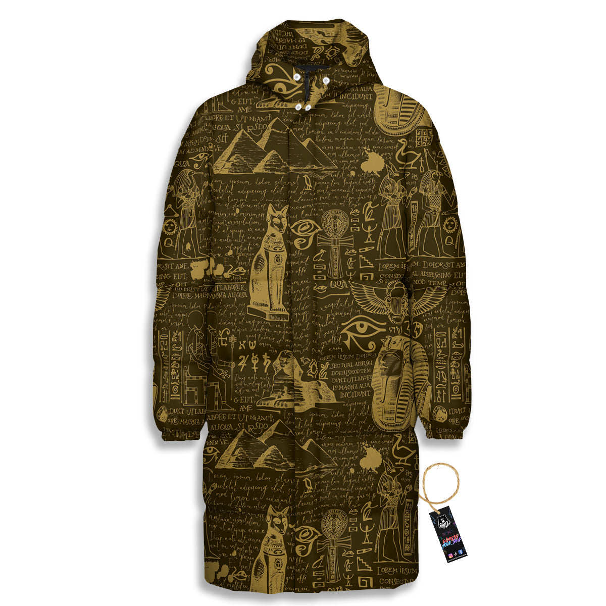 Gold Ancient Egypt Print Pattern Long Down Jacket-grizzshop