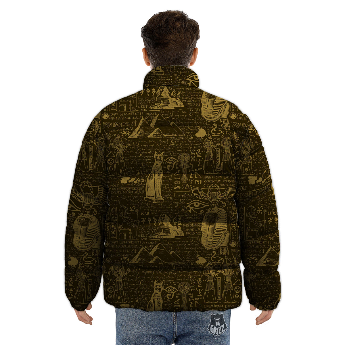 Gold Ancient Egypt Print Pattern Puffer Jacket-grizzshop
