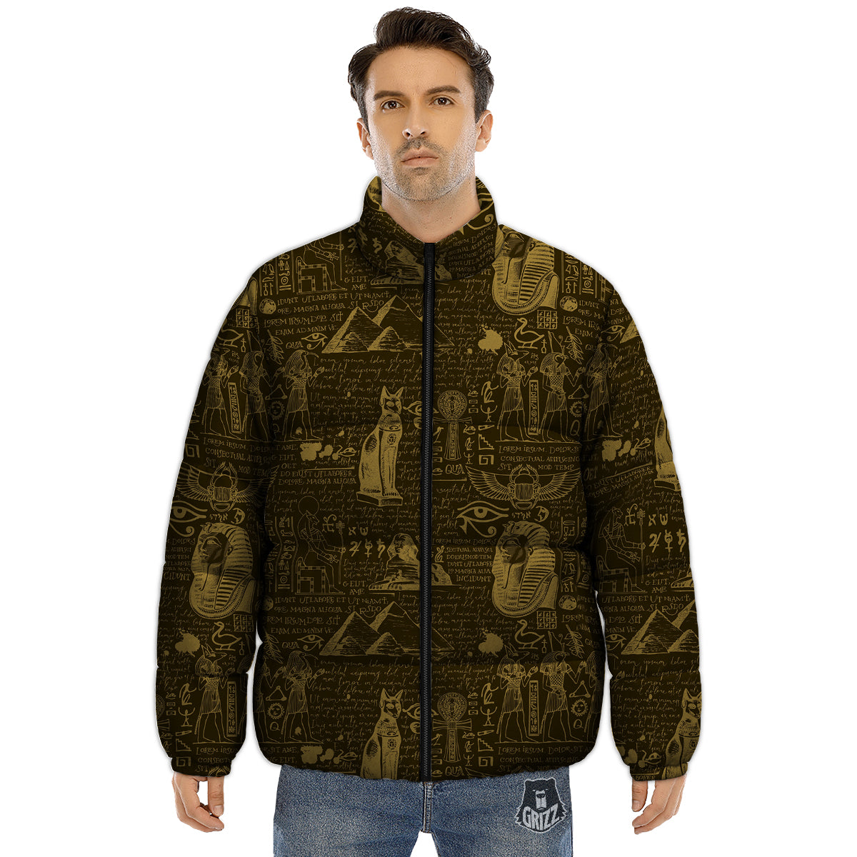 Gold Ancient Egypt Print Pattern Puffer Jacket-grizzshop