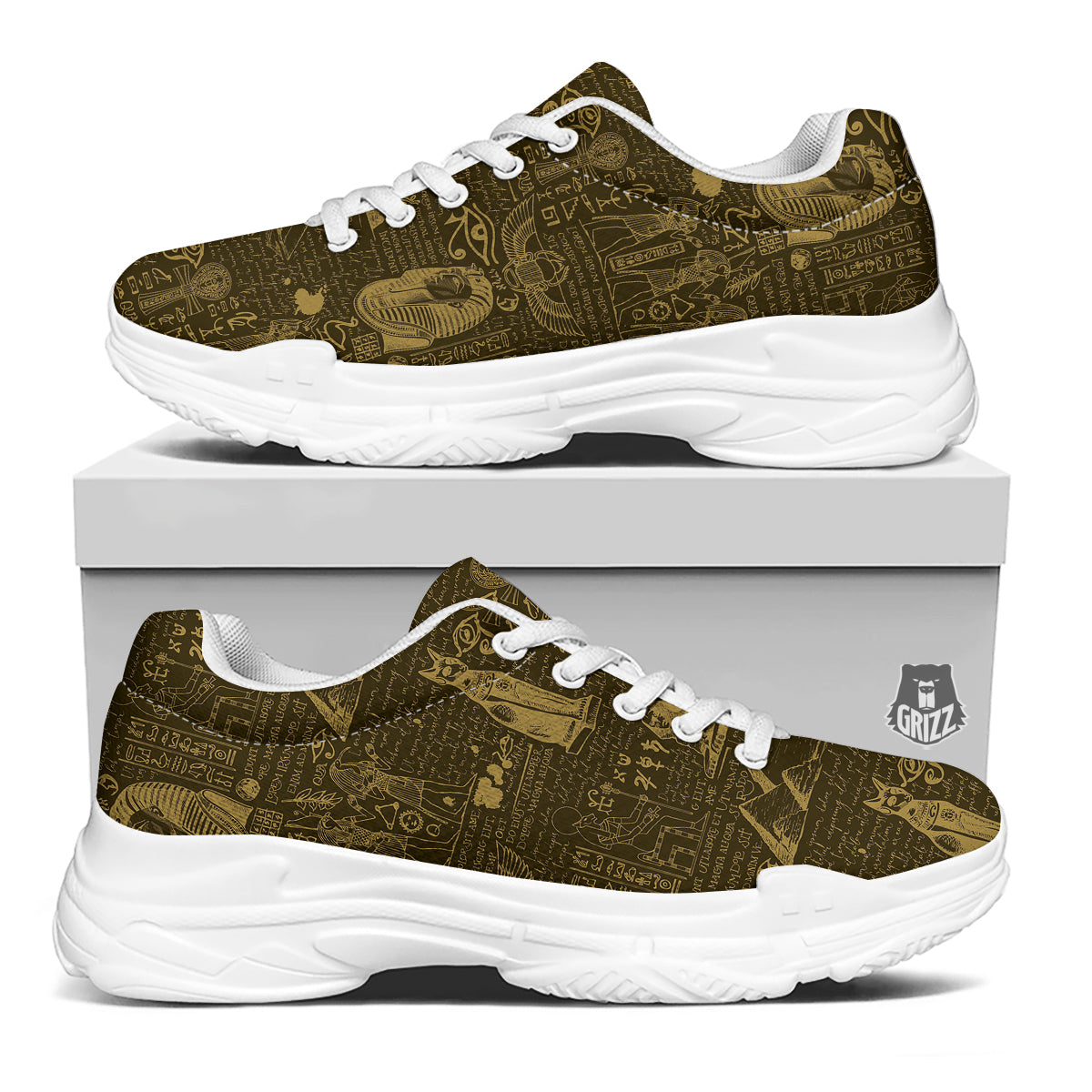 Gold Ancient Egypt Print Pattern White Chunky Shoes-grizzshop