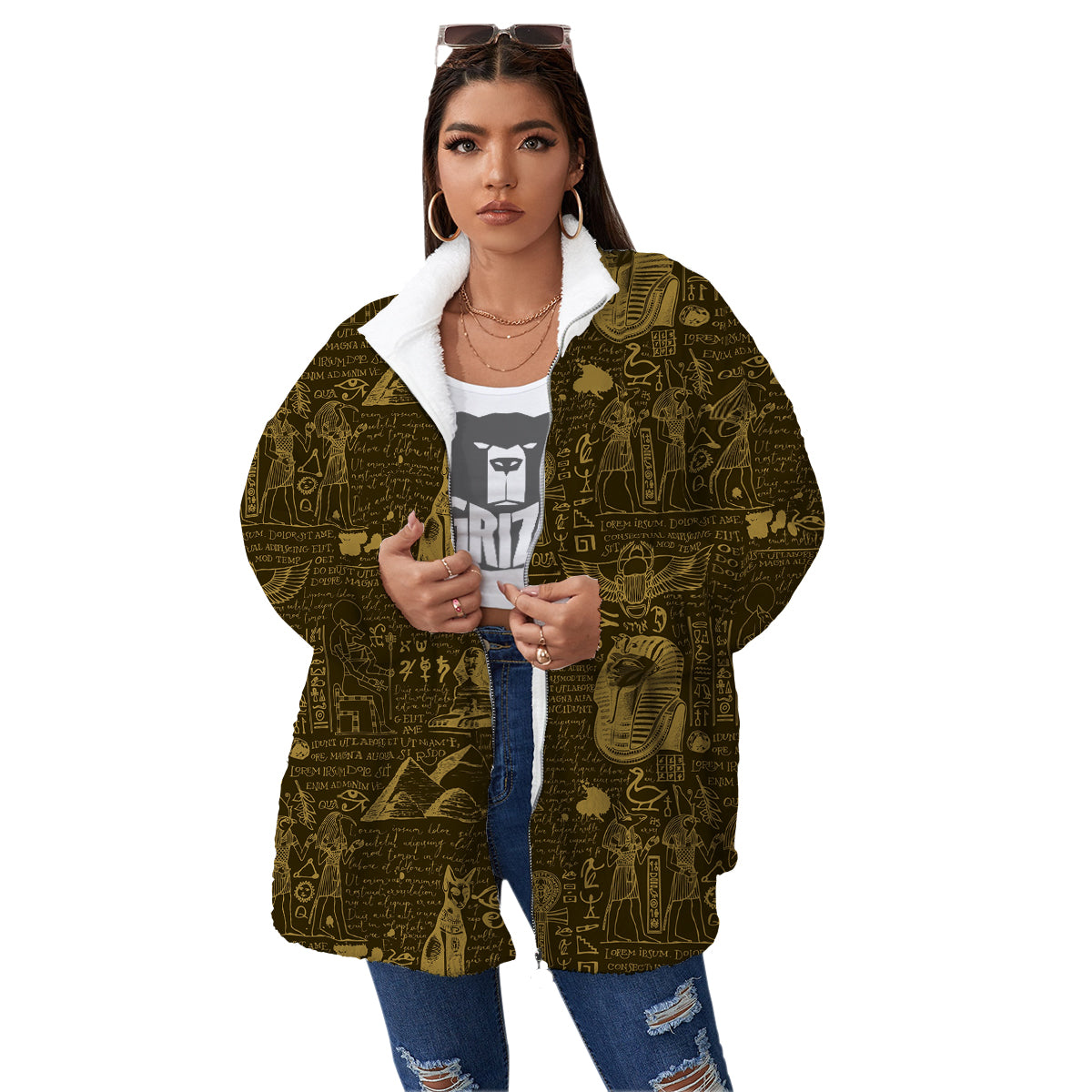 Gold Ancient Egypt Print Pattern Women's Sherpa Jacket-grizzshop