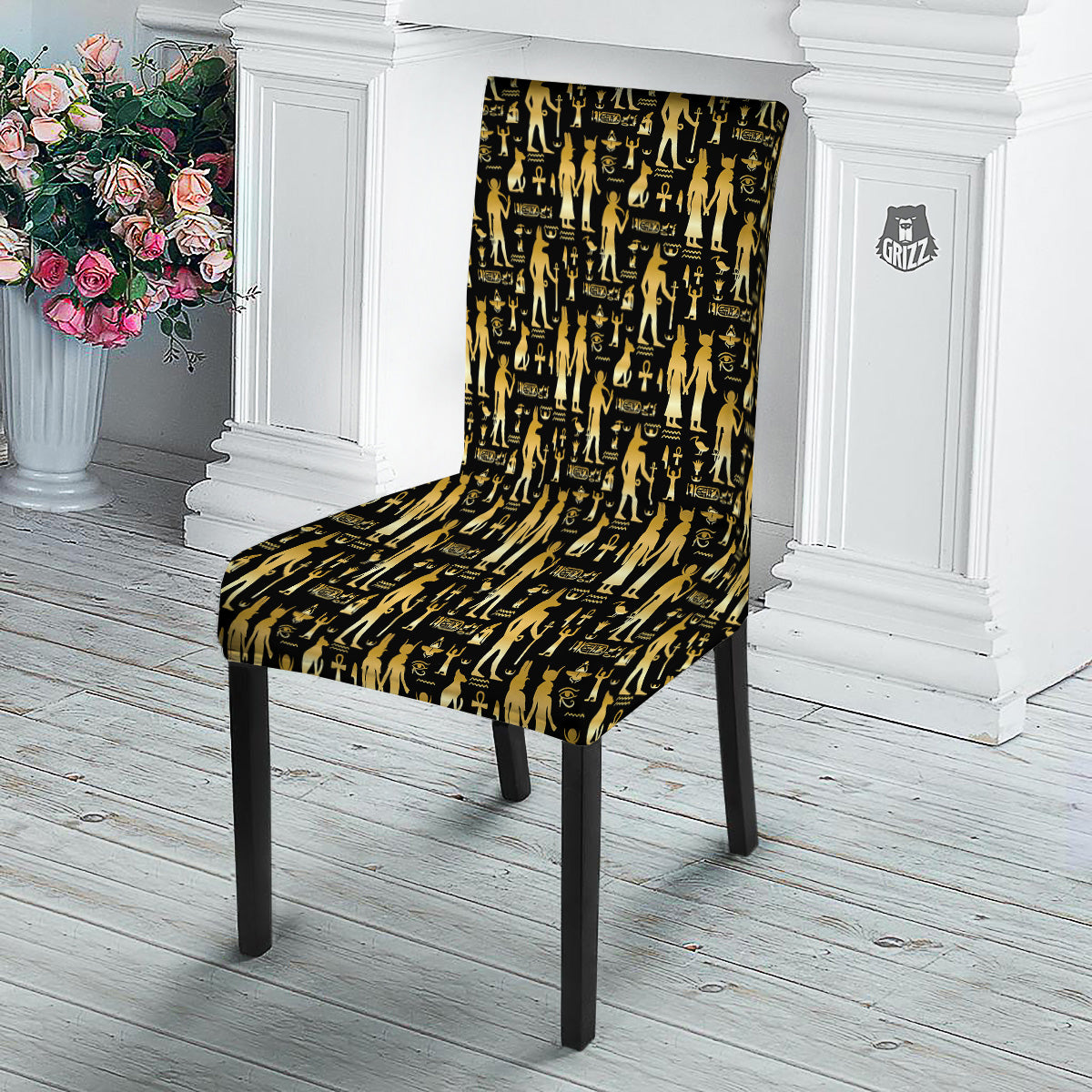 Gold And Black Egypt Ancient Mythology Print Pattern Dining Chair Slipcover-grizzshop