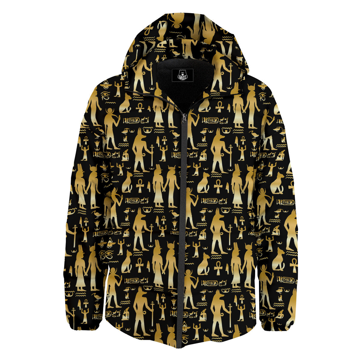 Gold And Black Egypt Ancient Mythology Print Pattern Down Jacket-grizzshop