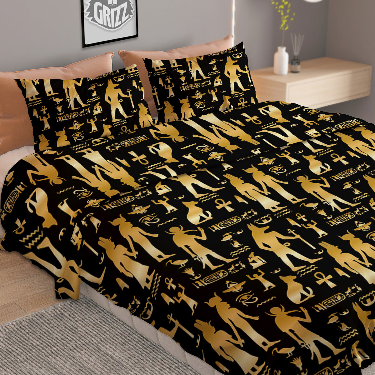 Gold And Black Egypt Ancient Mythology Print Pattern Duvet Cover Bedding Set