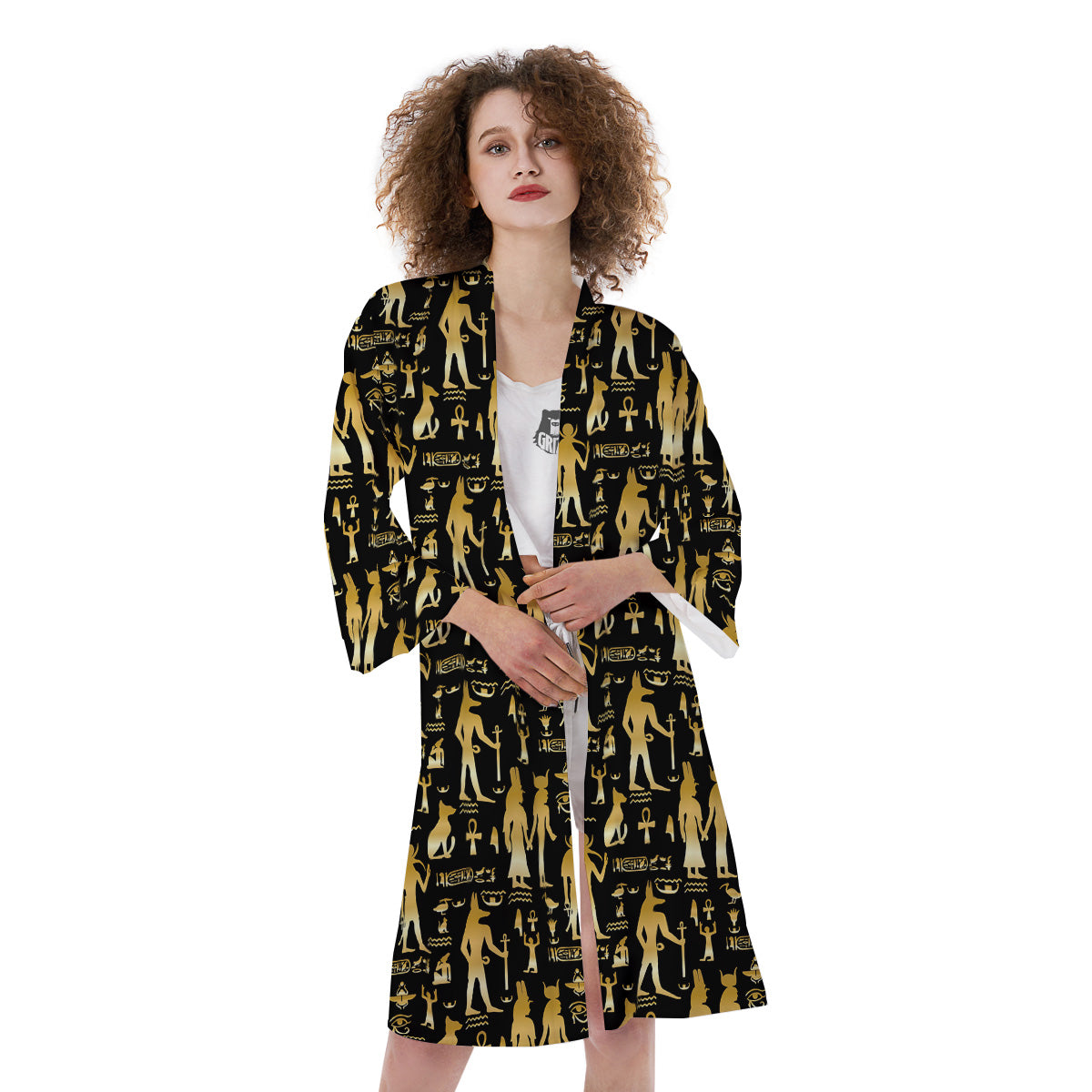 Gold And Black Egypt Ancient Mythology Print Pattern Kimono-grizzshop