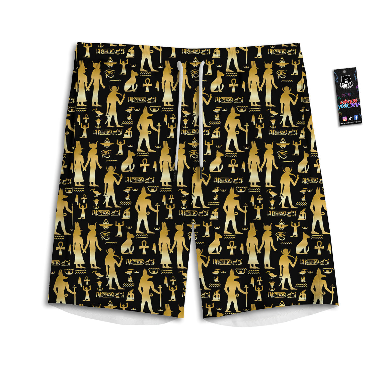 Gold And Black Egypt Ancient Mythology Print Pattern Men's Athletic Shorts