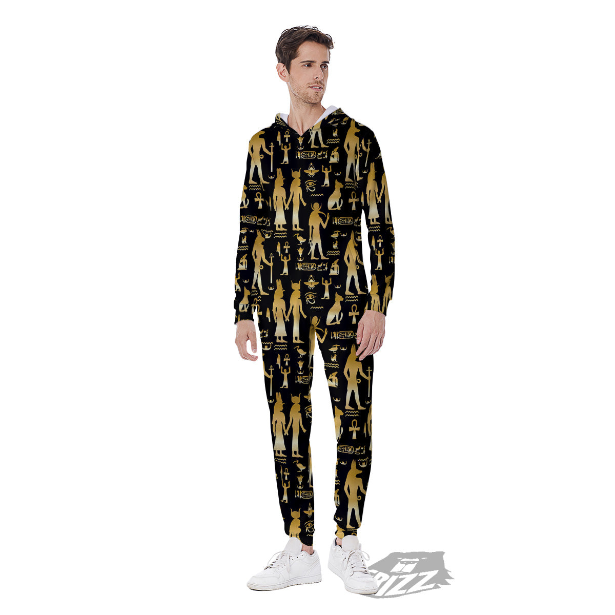 Gold And Black Egypt Ancient Mythology Print Pattern Men's Jumpsuit-grizzshop