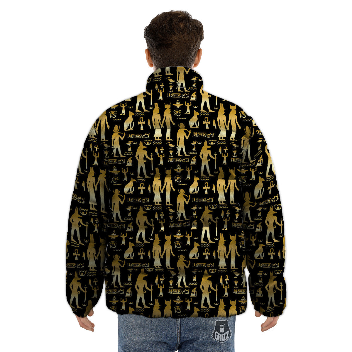 Gold And Black Egypt Ancient Mythology Print Pattern Puffer Jacket-grizzshop