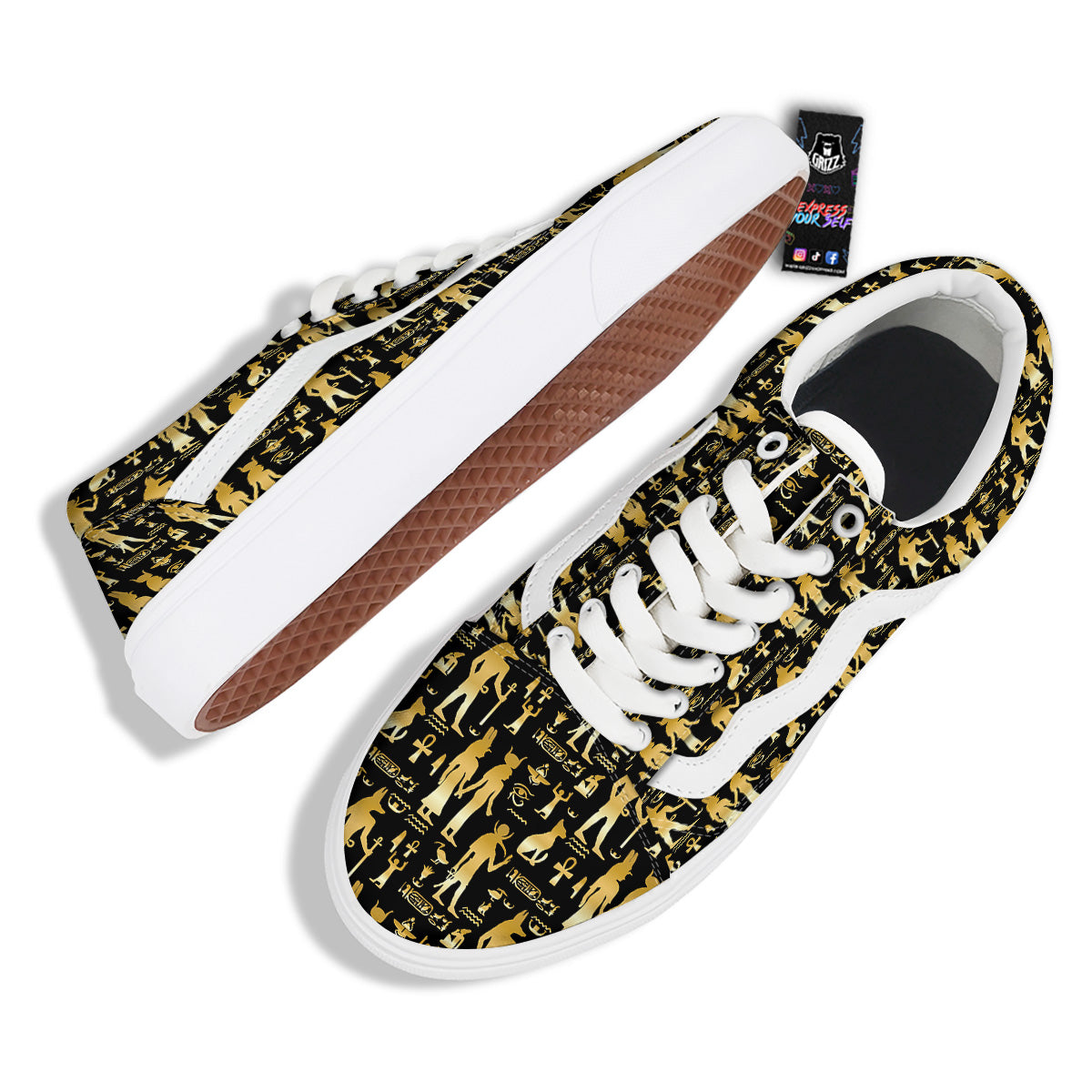 Gold And Black Egypt Ancient Mythology Print Pattern Skate Shoes-grizzshop