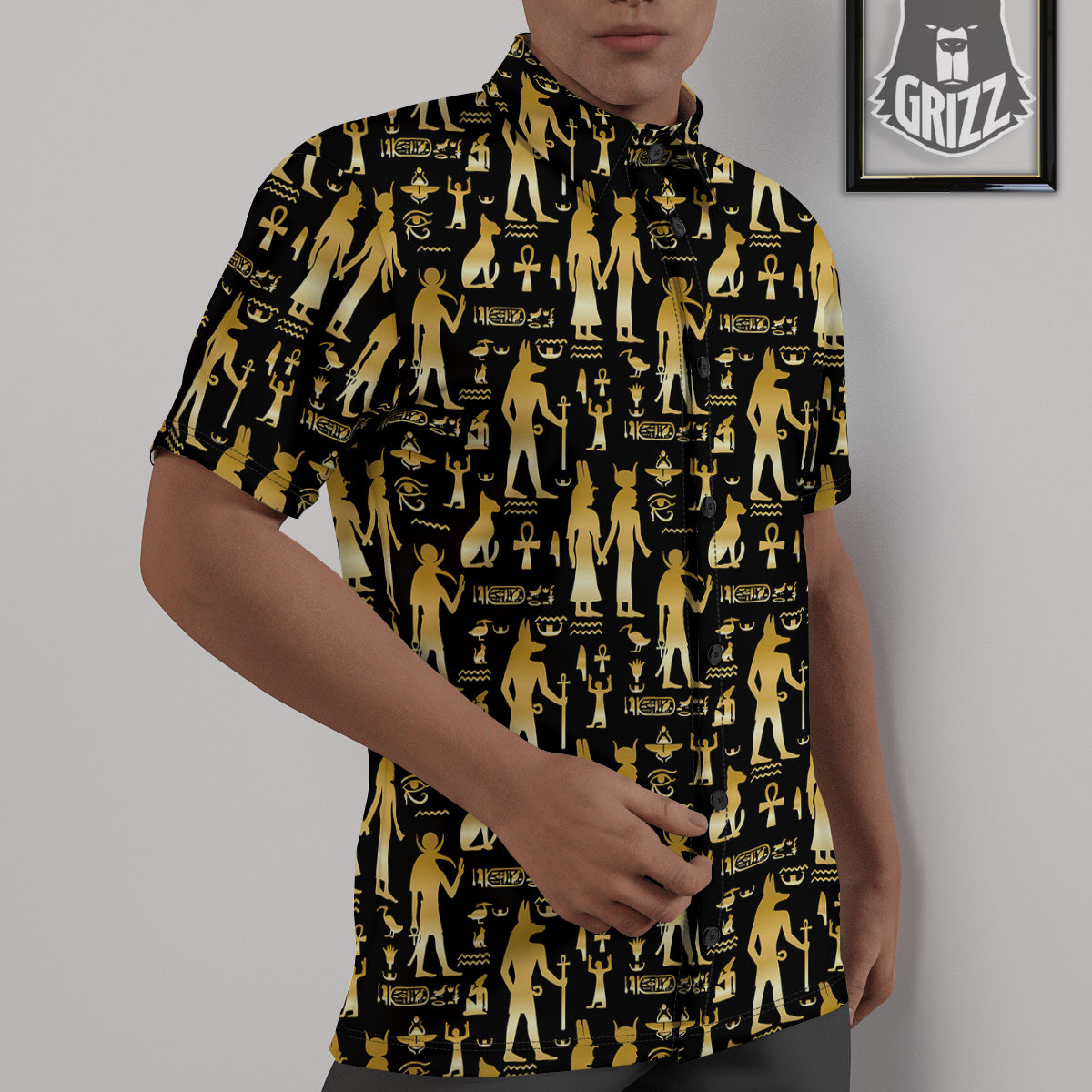 Gold And Black Egypt Ancient Mythology Print Pattern Untucked Shirts-grizzshop