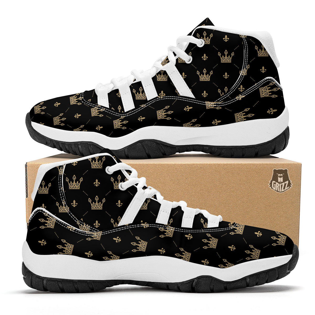 Gold Black Crown Print Pattern White Bball Shoes-grizzshop