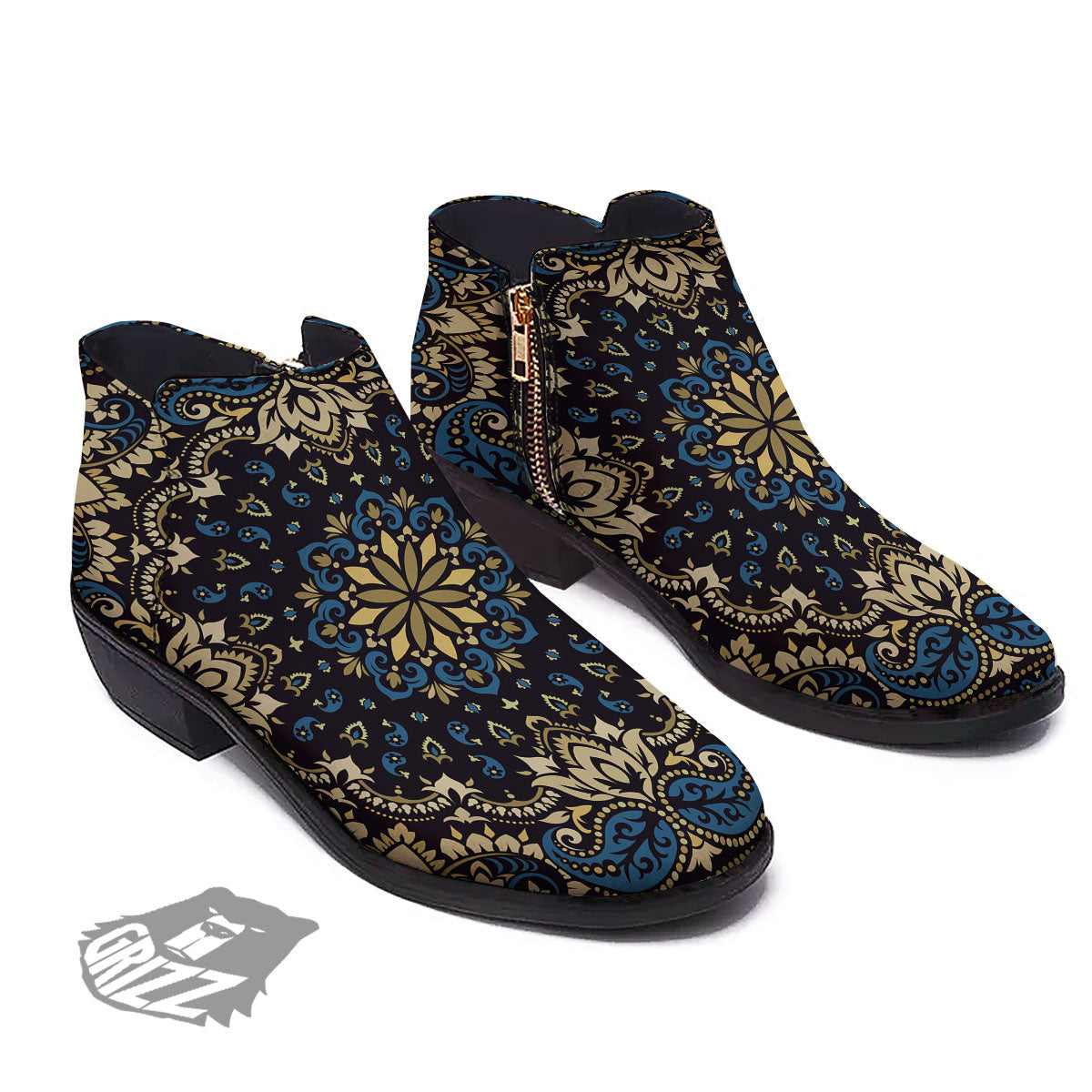Gold Blue Paisley Bandana Print Ankle Boots-grizzshop