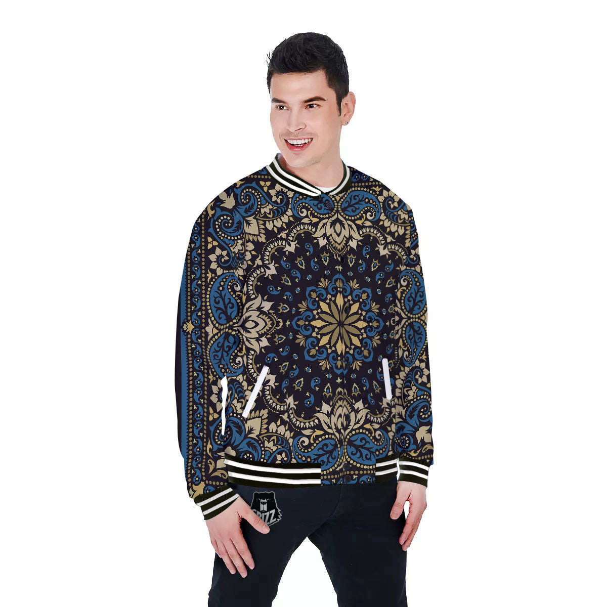 Gold Blue Paisley Bandana Print Baseball Jacket-grizzshop