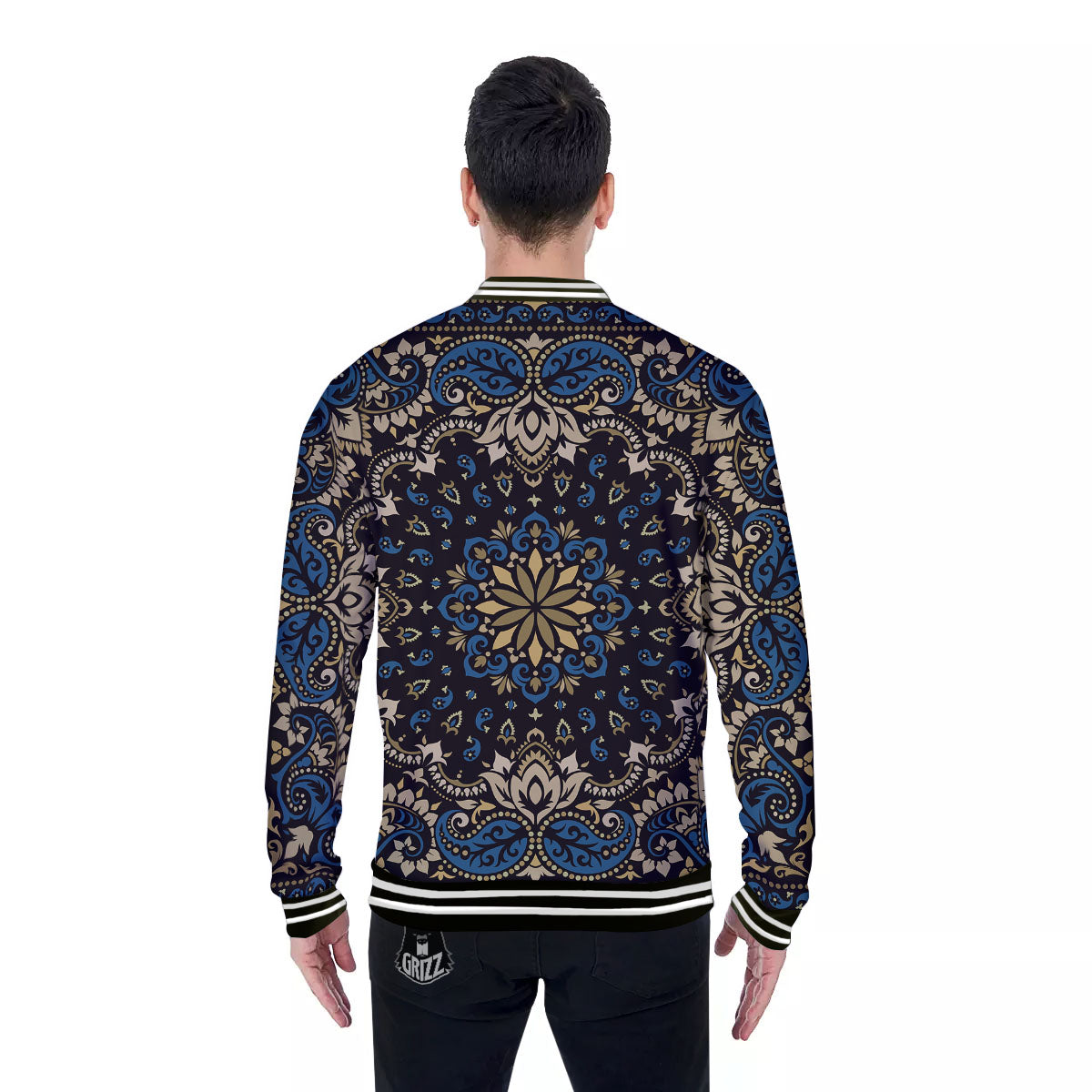 Gold Blue Paisley Bandana Print Baseball Jacket-grizzshop