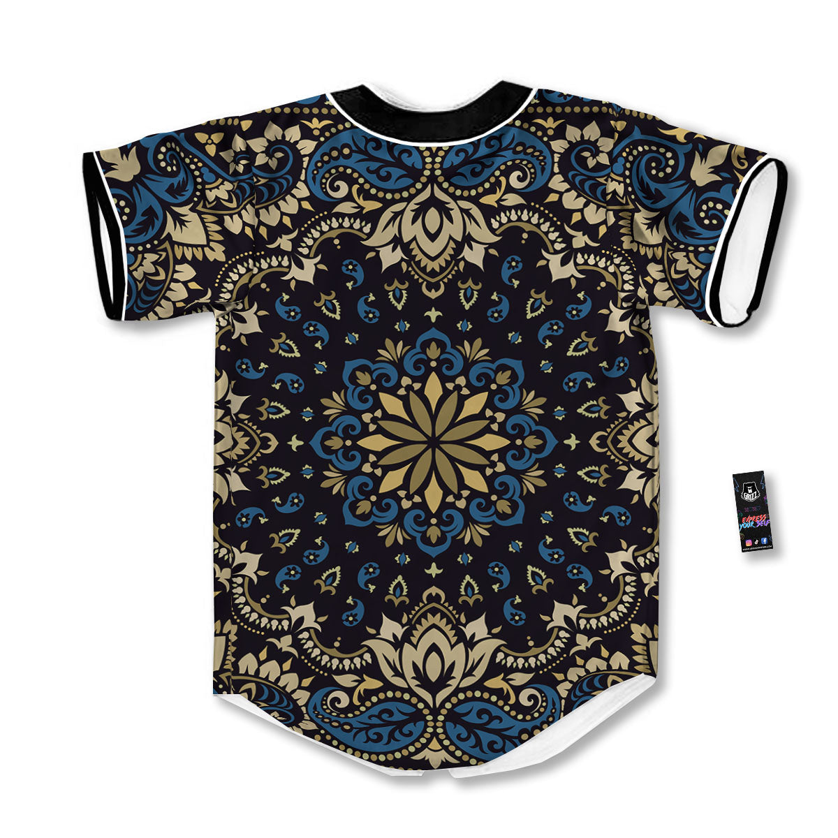 Gold Blue Paisley Bandana Print Baseball Jersey-grizzshop