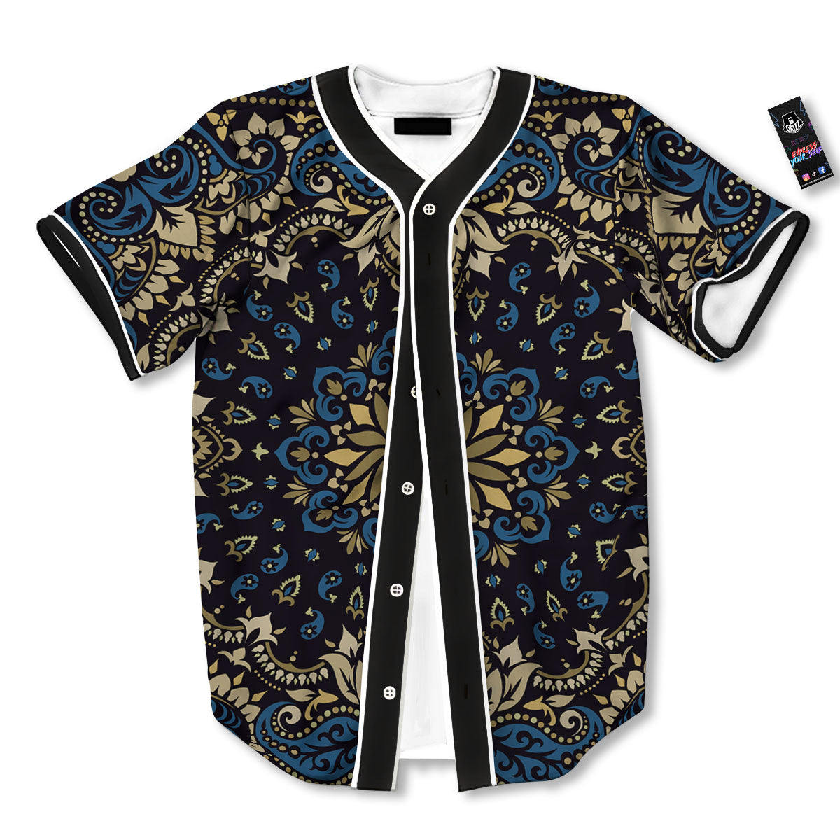 Gold Blue Paisley Bandana Print Baseball Jersey-grizzshop