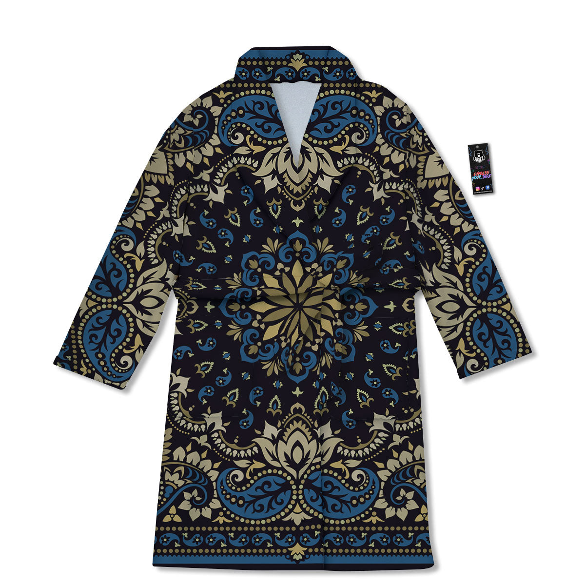 Gold Blue Paisley Bandana Print Bathrobe-grizzshop