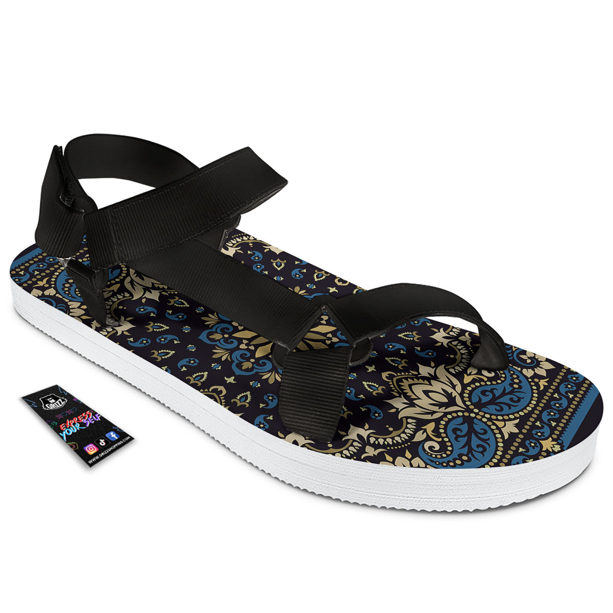 Gold Blue Paisley Bandana Print Black Open Toe Sandals-grizzshop