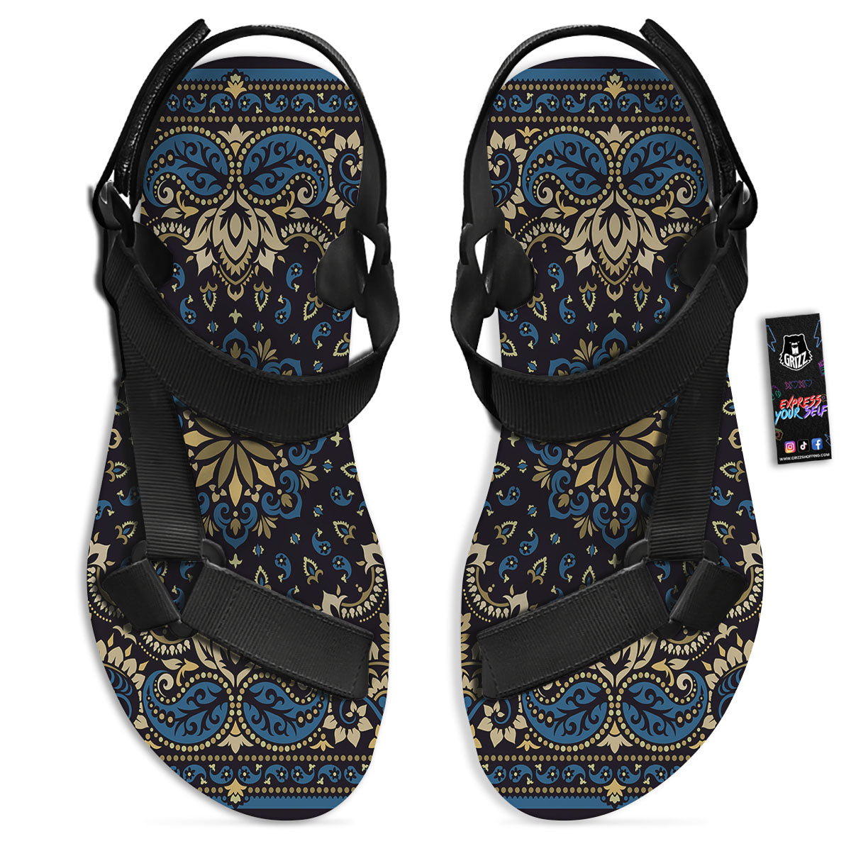 Gold Blue Paisley Bandana Print Black Open Toe Sandals-grizzshop