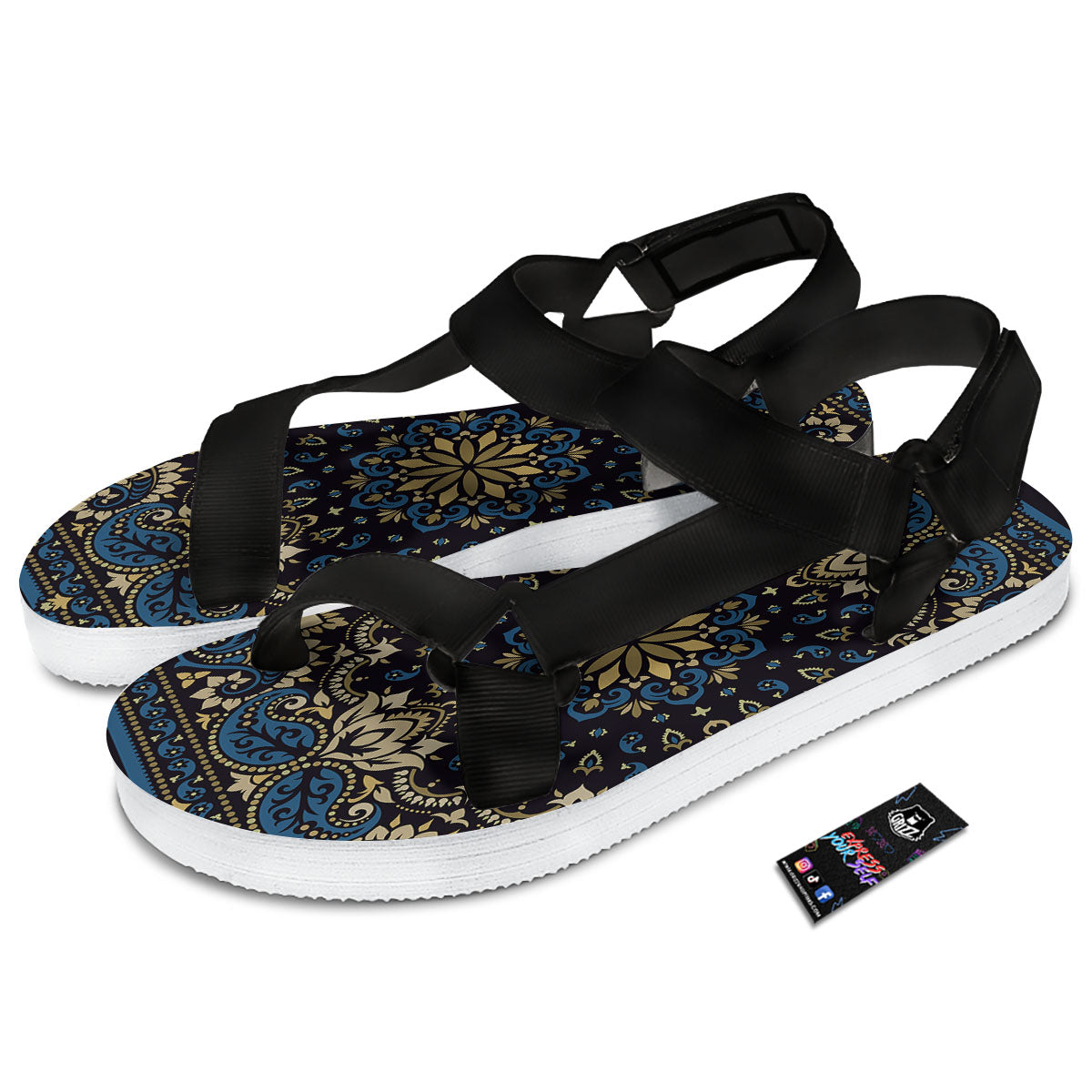 Gold Blue Paisley Bandana Print Black Open Toe Sandals-grizzshop