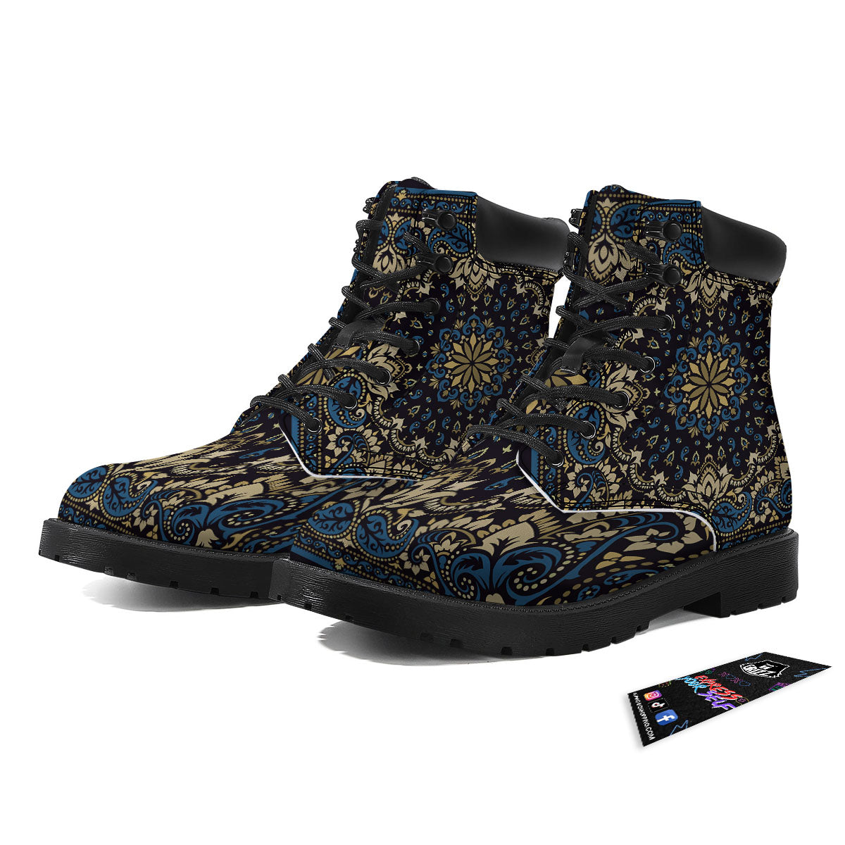 Gold Blue Paisley Bandana Print Boots-grizzshop