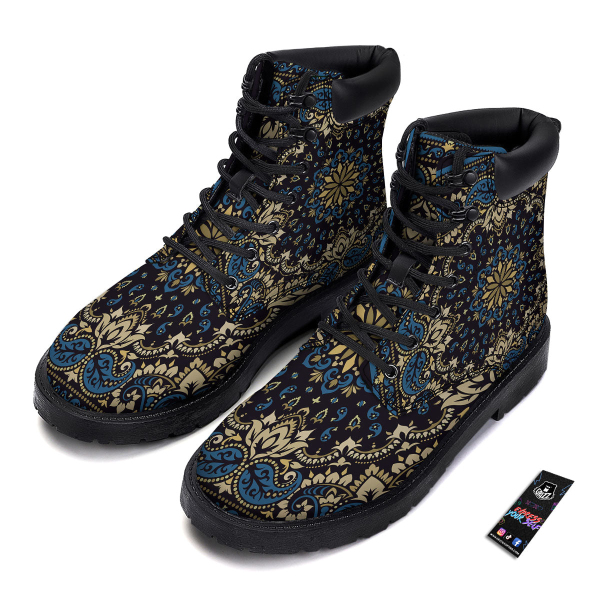 Gold Blue Paisley Bandana Print Boots-grizzshop